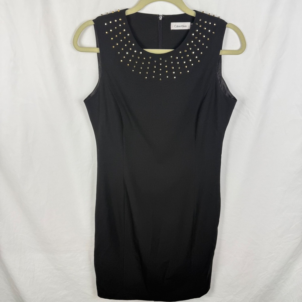 Calvin Klein Black Brass Studded Sheath Dress Sleeveless 6 Career Punk Corpcore